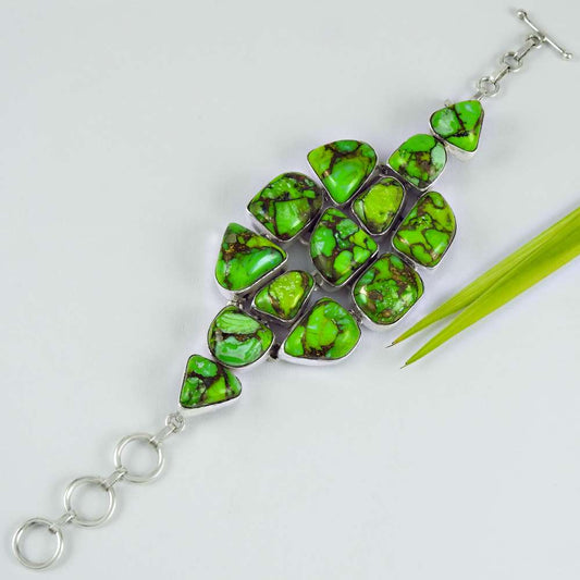 925 Sterling Silver Natural Green Copper Turquoise Chain Bohemian Bracelet L4