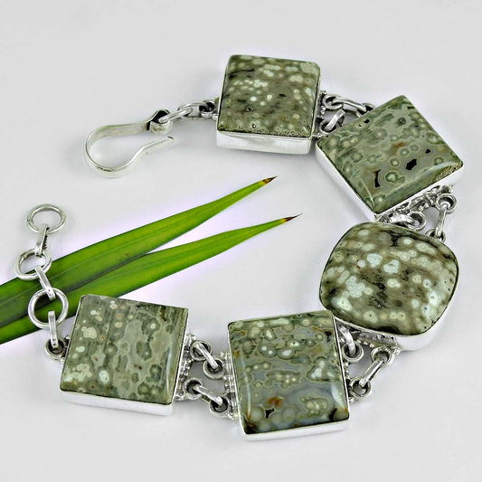Natural Ocean Jasper Gemstone Chain Bracelet 925 Sterling Silver Jewelry F6