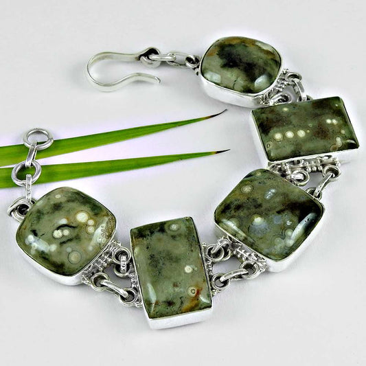 Birthday Gift Natural Ocean Jasper Gemstone Chain Bracelet 925 Silver F6