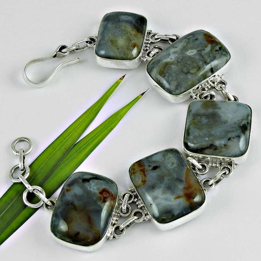 Natural Ocean Jasper Gemstone 925 Sterling Silver Chain Bracelet For Women G6