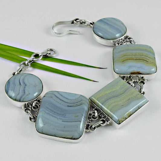 Birthday Gift Natural Blue Lace Agate Bracelet 925 Silver Chunky Hippie Jewelry