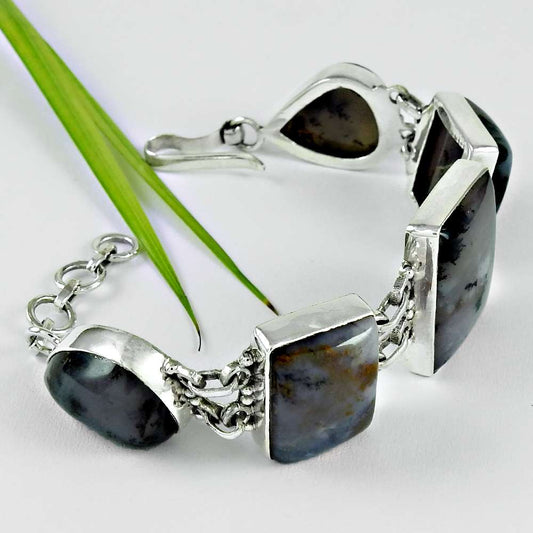 Birthday Gift Natural Jasper Gemstone Chain Bracelet 925 Silver H6