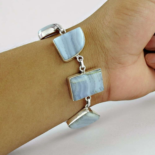 Schemer Blue Lace Agate Gemstone Sterling Silver Bracelet Jewelry