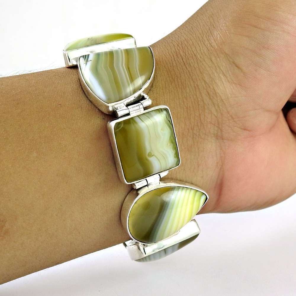 Antique Look Striped Onyx Gemstone Sterling Silver Bracelet Jewelry