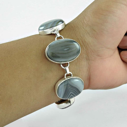 Fine Botswana Agate Gemstone Sterling Silver Bracelet Jewelry