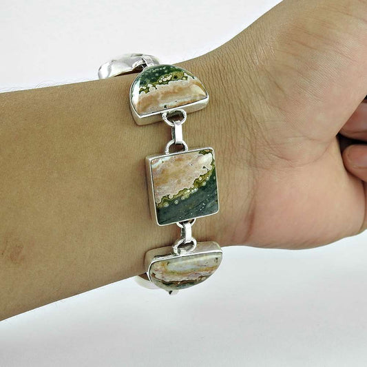 lovable Ocean Jasper Gemstone Sterling Silver Bracelet Jewelry