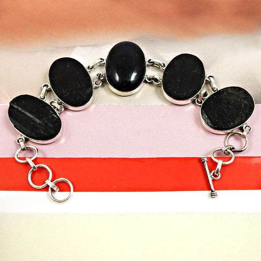 Black Tourmaline Gemstone Healing Bracelet 925 Sterling Silver Jewelry Z37