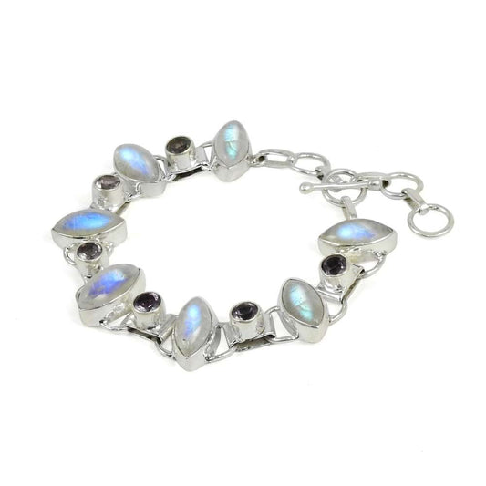 Dream Day Rainbow Moonstone Amethyst Gemstone Sterling Silver Bracelet Jewelry