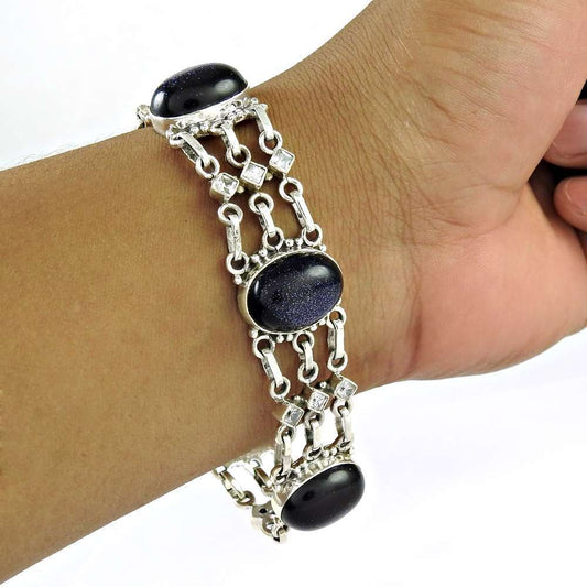 Shine Blue Sunstone White CZ Gemstone Sterling Silver Bracelet Jewelry