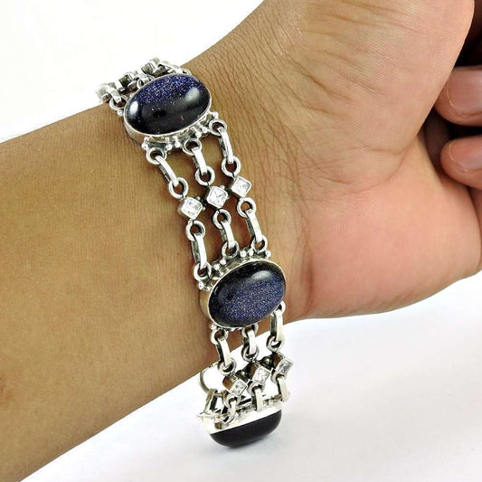 Big Design Blue Sunstone White CZ Gemstone Sterling Silver Bracelet Jewelry
