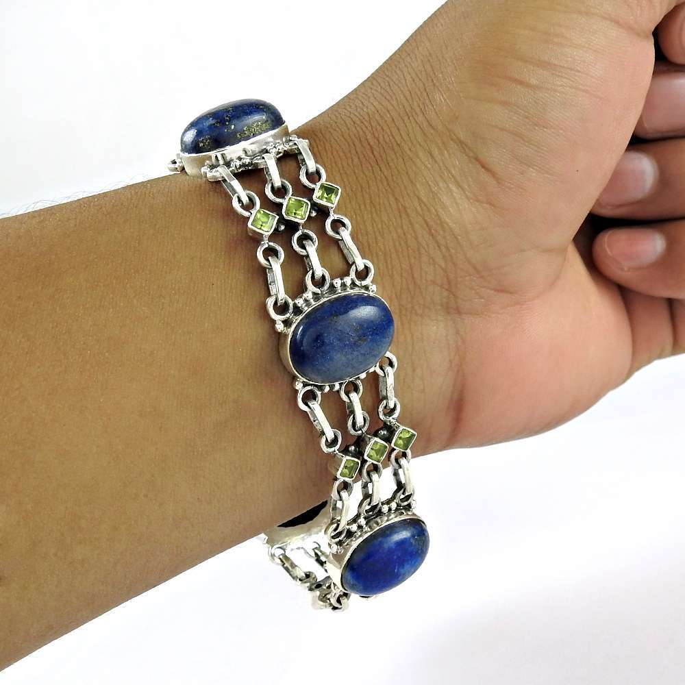 Pale Beauty 925 Sterling Silver Lapis & Peridot Link Bracelet