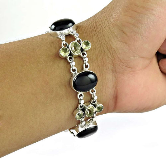 Simple Black Onyx Green Amethyst Gemstone Sterling Silver Bracelet Jewelry