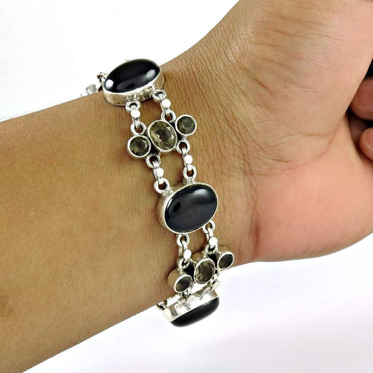 Big Natural Top Black Onyx Smoky Quartz Gemstone Sterling Silver Bracelet Jewelry