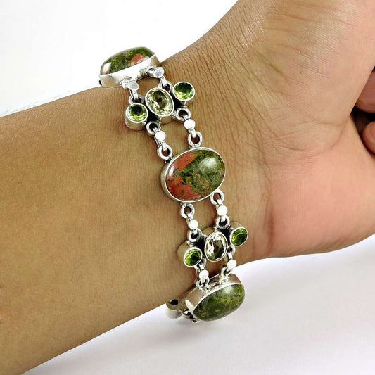 Solid Unakite Peridot Gemstone Sterling Silver Bracelet Jewelry