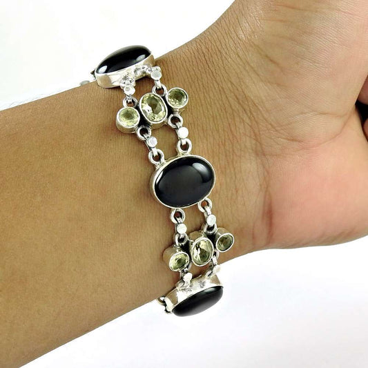 Big Excellent Black Onyx Green Amethyst Gemstone Sterling Silver Bracelet Jewelry