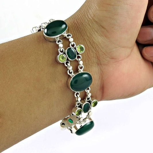 Stunning Green Onyx Peridot Gemstone Sterling Silver Bracelet Jewelry