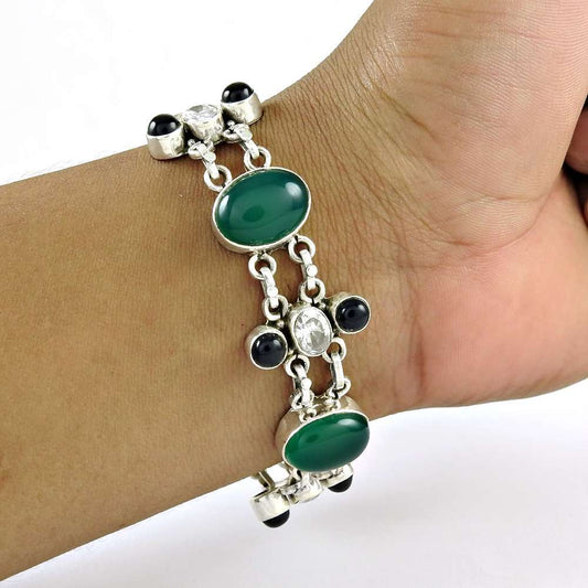 New Faceted 925 Sterling Silver Green Onyx Black Onyx White CZ Chain Bracelet