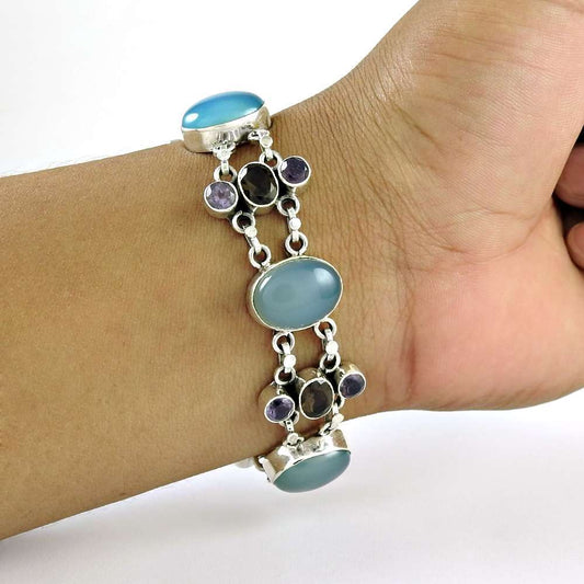 Stylish Chalcedony Smoky Quartz Amethyst Gemstone Sterling Silver Bracelet Jewelry