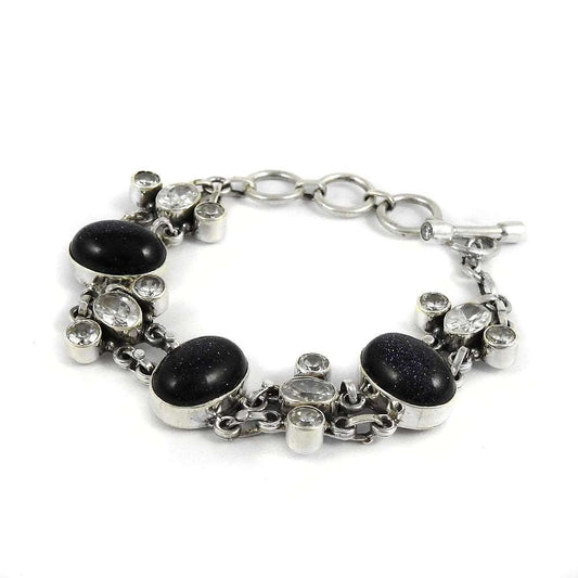 Jumbo Fantastic 925 Sterling Silver Blue Sunstone White CZ Chain Bracelet