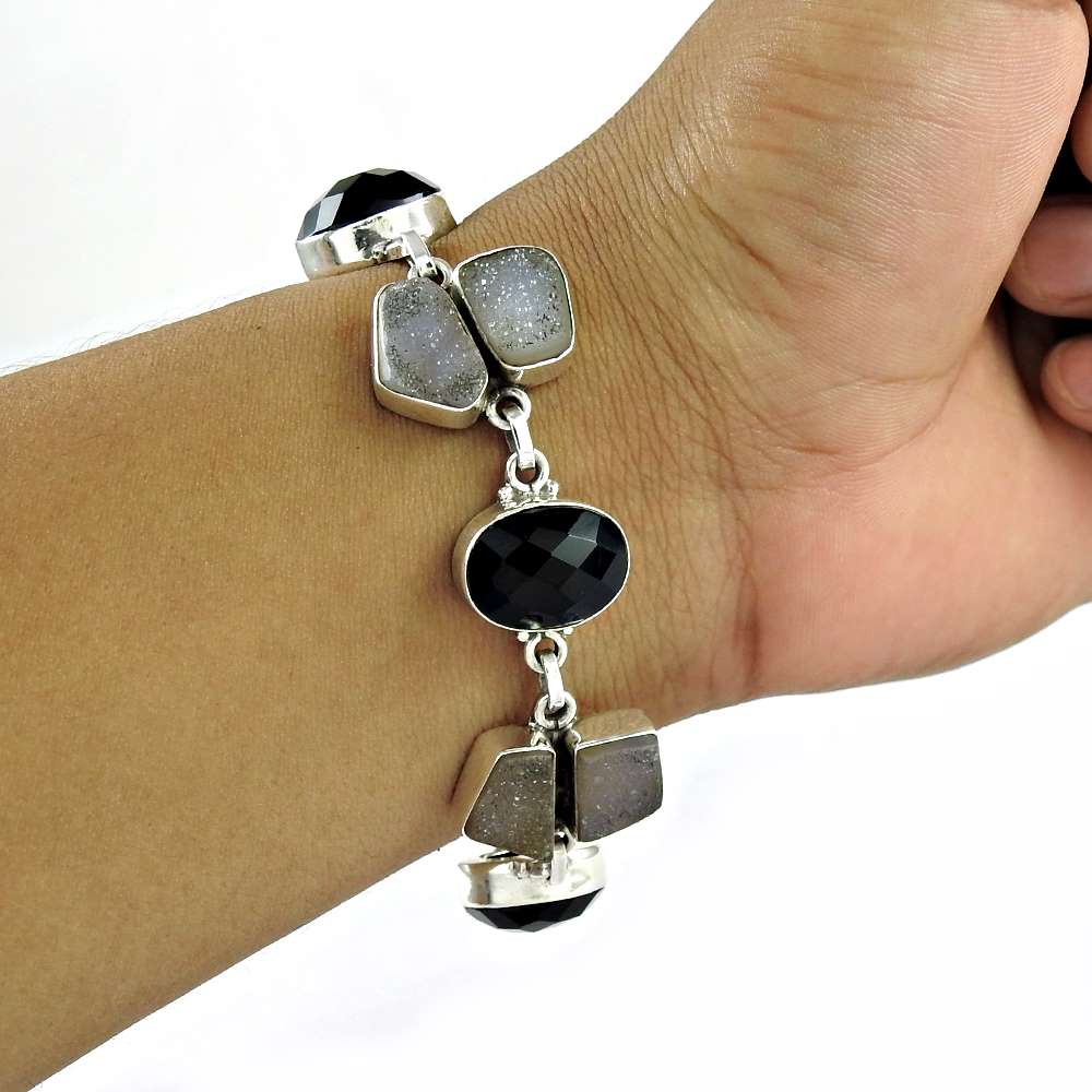 Natural Onyx Gemstone Jewelry 925 Sterling Silver Chain Bracelet For Women E7