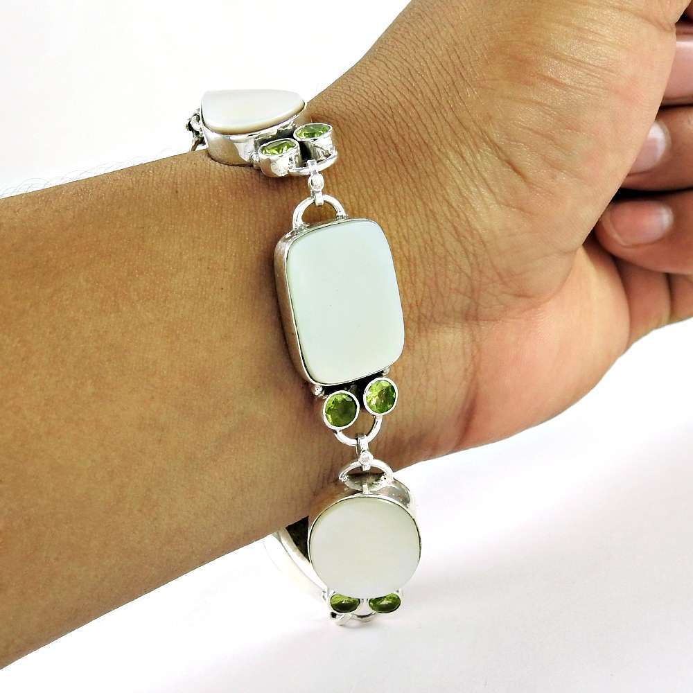 Stylish Design MOther Of Pearl Peridot Gemstone Sterling Silver Bracelet Jewelry