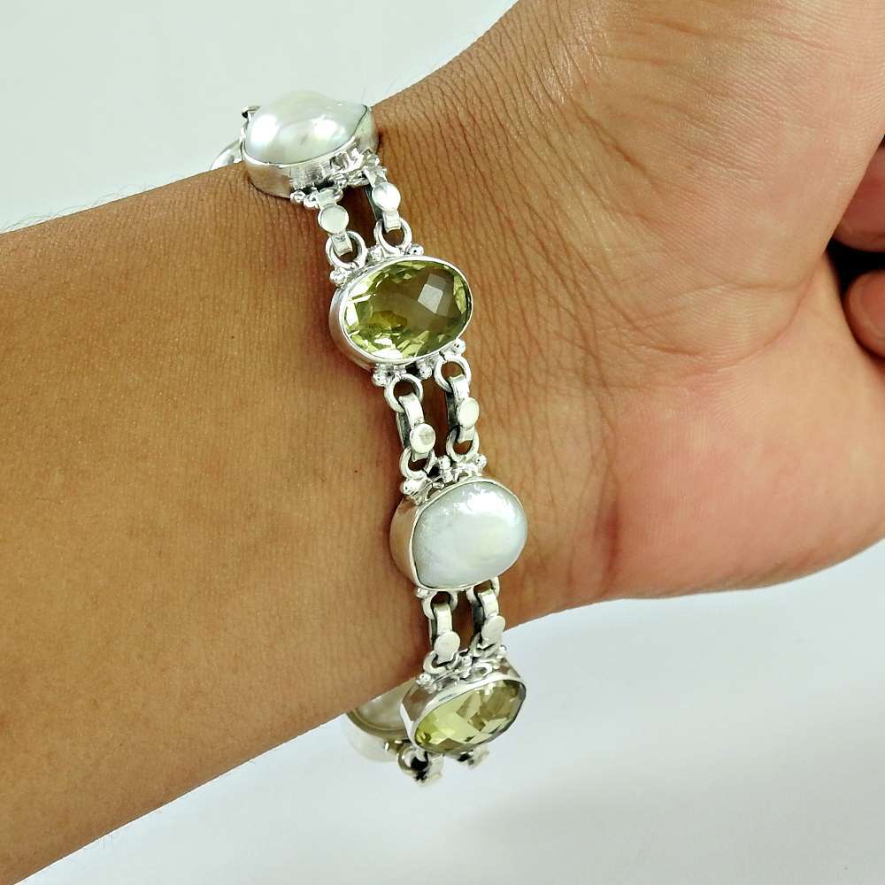 Natural Pearl Lemon Quartz Gemstone 925 Sterling Silver Bracelet Jewelry