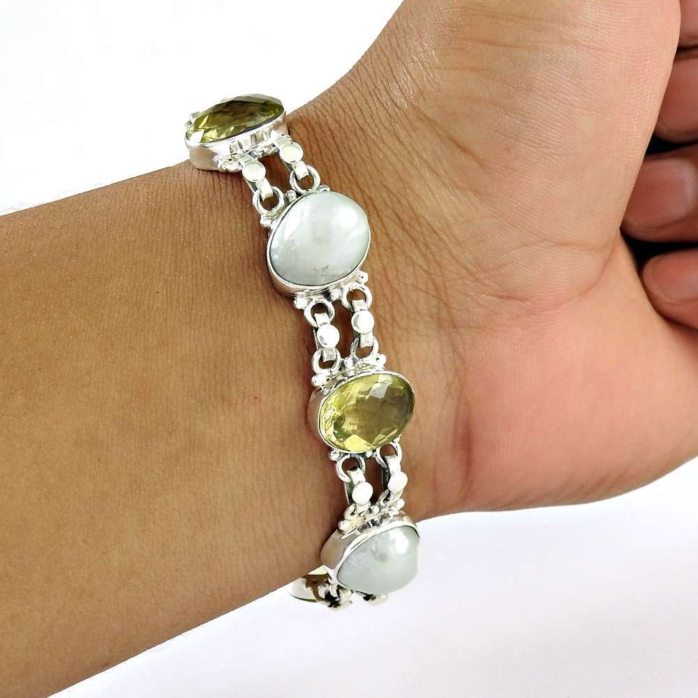 A Secret Pearl Lemon Quartz Gemstone Sterling Silver Bracelet Jewelry