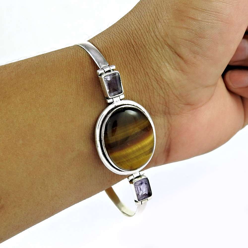 Birthday Gift For Her Natural Tiger'S Eye Chain Tribal Bracelet 925 Silver E1