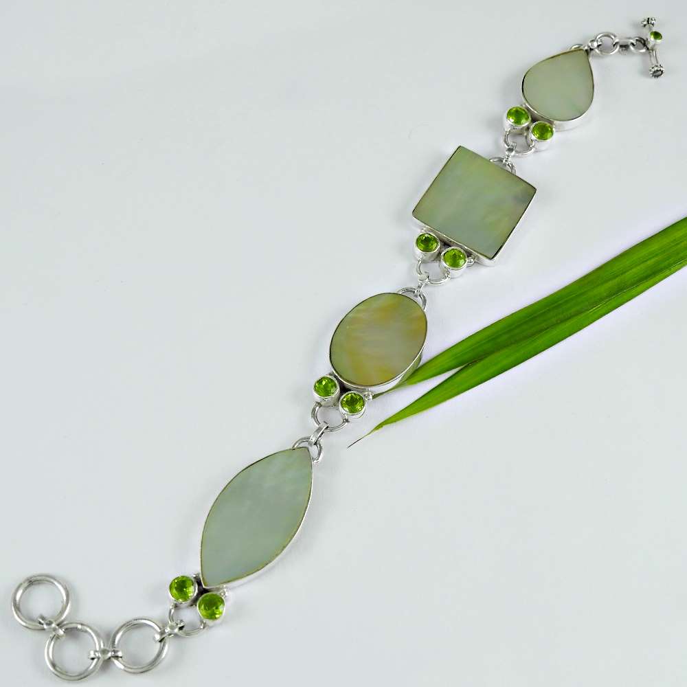 Daily Wear 925 Sterling Silver Mother Of Pearl Peridot Gemstone Bracelet Handmade Jewelry A2