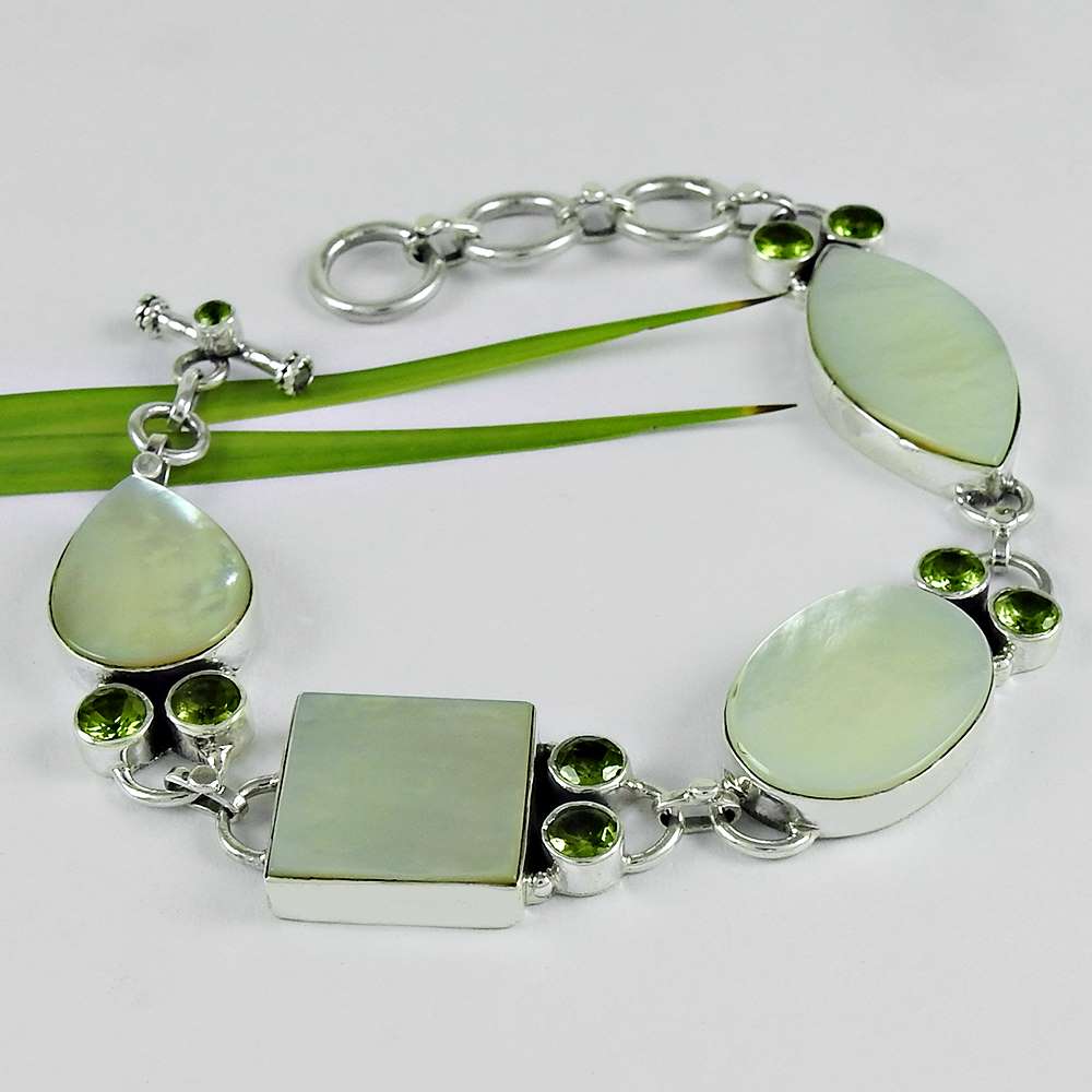 Rare 925 Sterling Silver Mother Of Pearl Peridot Gemstone Bracelet Ethnic Jewelry A3