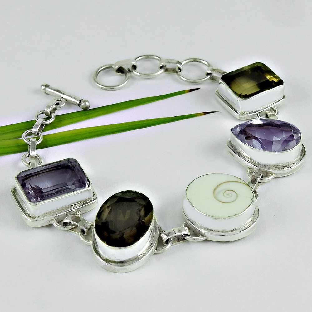 Gift For Women Chain Ethnic Bracelet 925 Silver Natural Smoky Quartz Gemstone W5