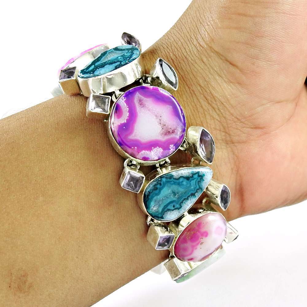 Paradise Bloom Agate Geode Druzy Amethyst Gemstone Sterling Silver Bracelet Jewelry
