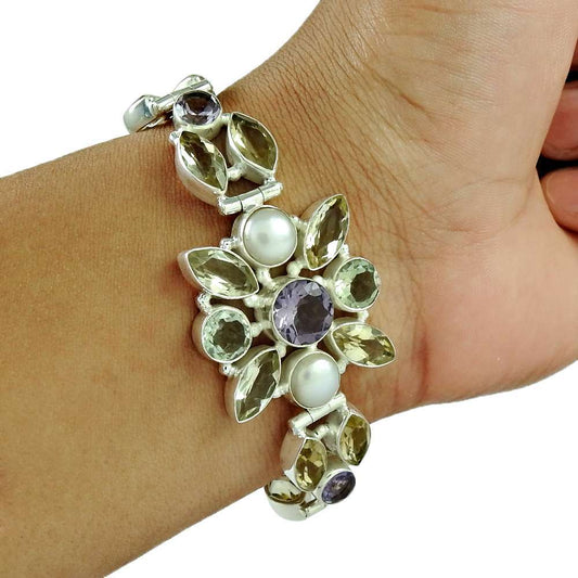 Stylish Citrine Pearl Amethyst Green Amethyst Gemstone Sterling Silver Bracelet Jewelry