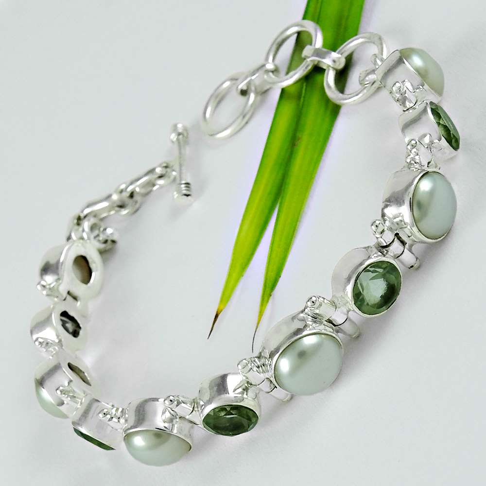 Birthday Gift Natural Green Amethyst Chain Ethnic Bracelet 925 Silver Z5