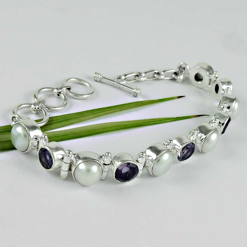 Natural Amethyst Gemstone Chain Vintage Purple Bracelet 925 Sterling Silver B6