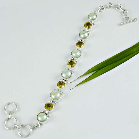 Natural Citrine Gemstone Chain Vintage Bracelet 925 Sterling Silver For Girls F1