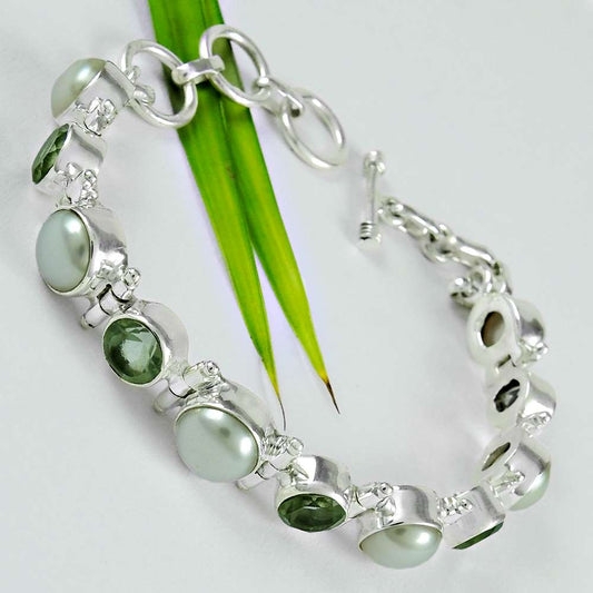 Natural Green Amethyst Gemstone Chain Tribal Bracelet 925 Sterling Silver C6