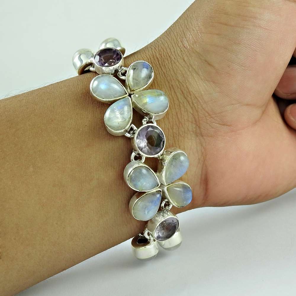 Natural Rainbow Moonstone Gemstone Chain Flower Bracelet 925 Silver For Girls J6