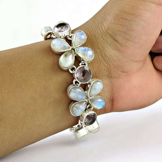 Natural Rainbow Moonstone Gemstone Chain Flower Bracelet 925 Sterling Silver K6