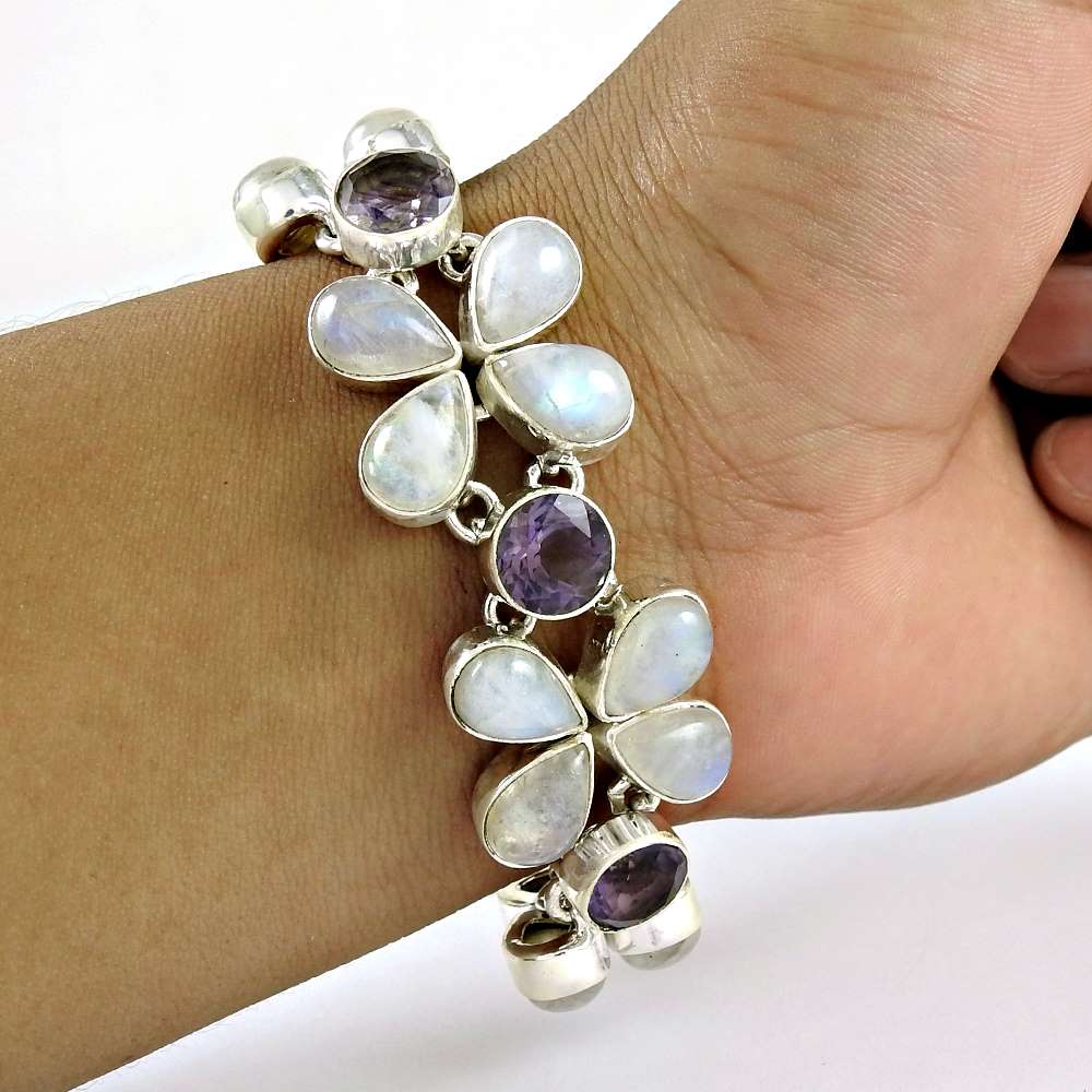 Natural Rainbow Moonstone Gemstone Chain Flower Bracelet 925 Silver For Girls L6