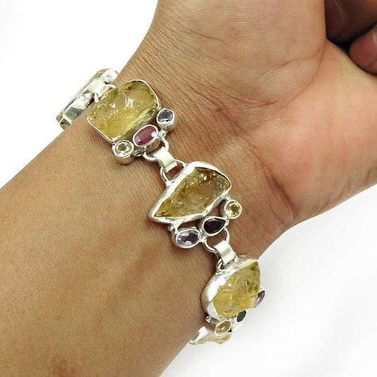 Citrine Rough Stone Bracelet Ruby Green Onyx Garnet Amethyst Gemstone 925 Sterling Silver Jewelry