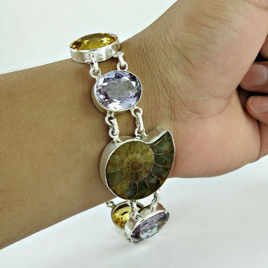 925 Sterling Silver Jewelry High Polish Ammonite Amethyst Citrine Gemstone Bracelet