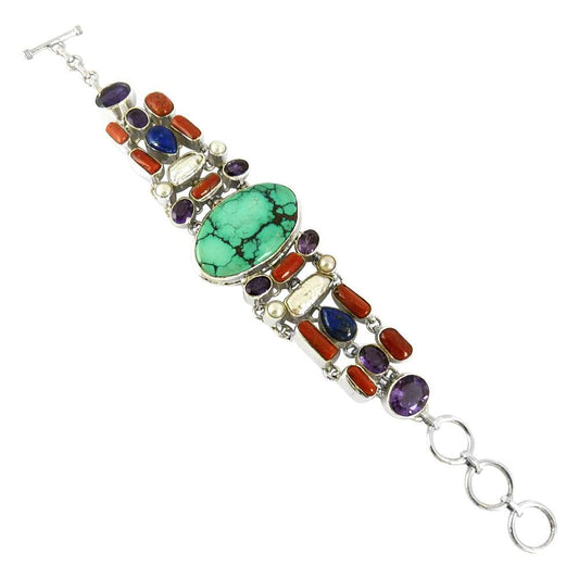 Tropical Glow 925 Sterling Silver Coral Turquoise Lapis Pearl Amethyst Bracelet