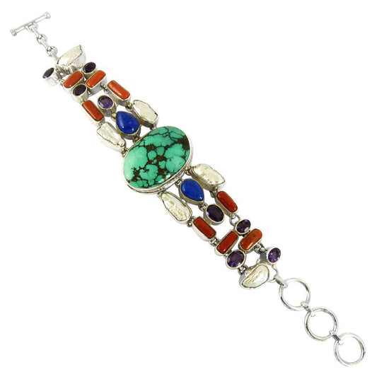 Big Inspire 925 Sterling Silver Coral Turquoise Lapis Pearl Amethyst Bracelet