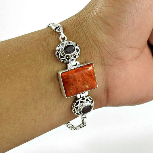 Beauty Queen Sponge Coral Garnet Gemstone Sterling Silver Bracelet Jewelry