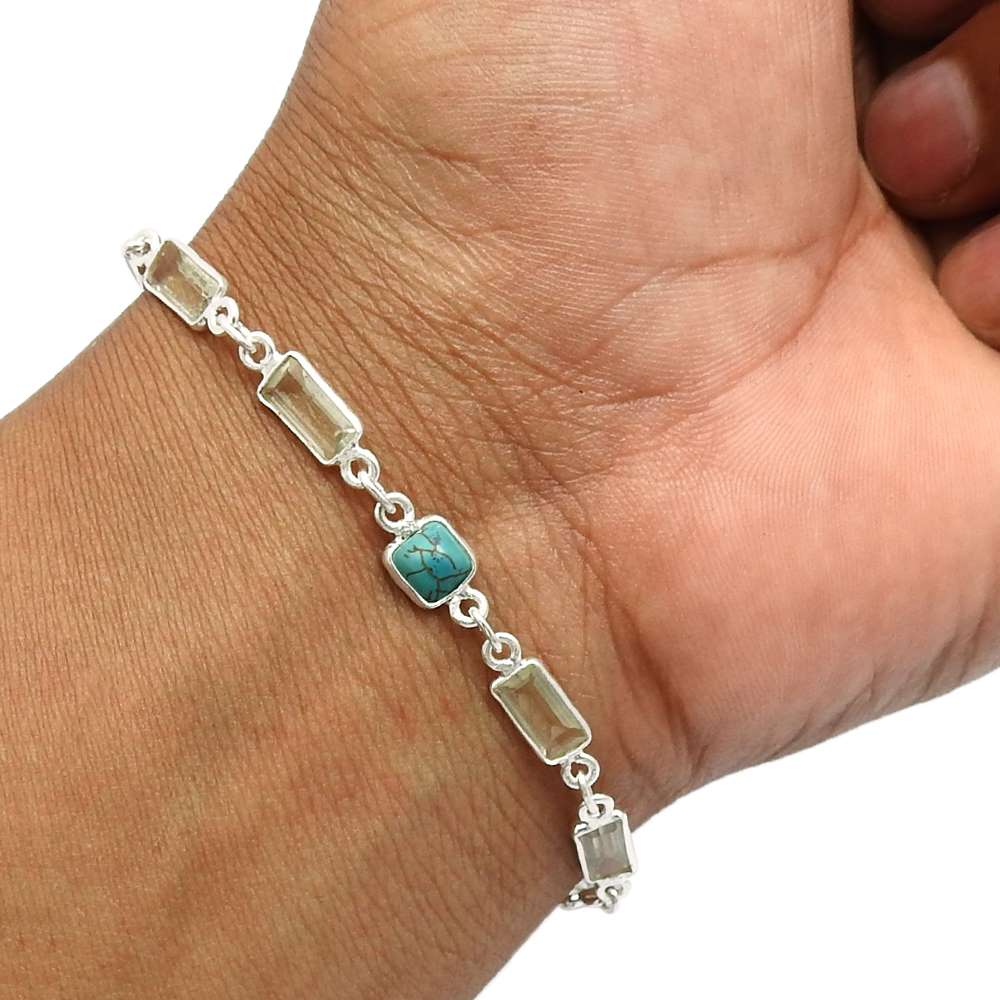 Birthday Gift 925 Silver Jewelry Turquoise Green Amethyst Gemstone Bracelet Q2