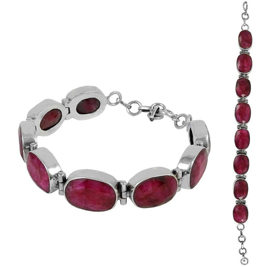 Natural Ruby Gemstone Chain Bracelet 925 Sterling Silver Jewelry For Women F8