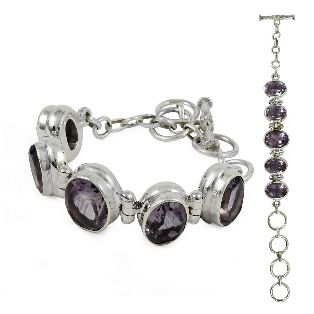 Natural Amethyst Gemstone Chain Ethnic Purple Bracelet 925 Sterling Silver E7