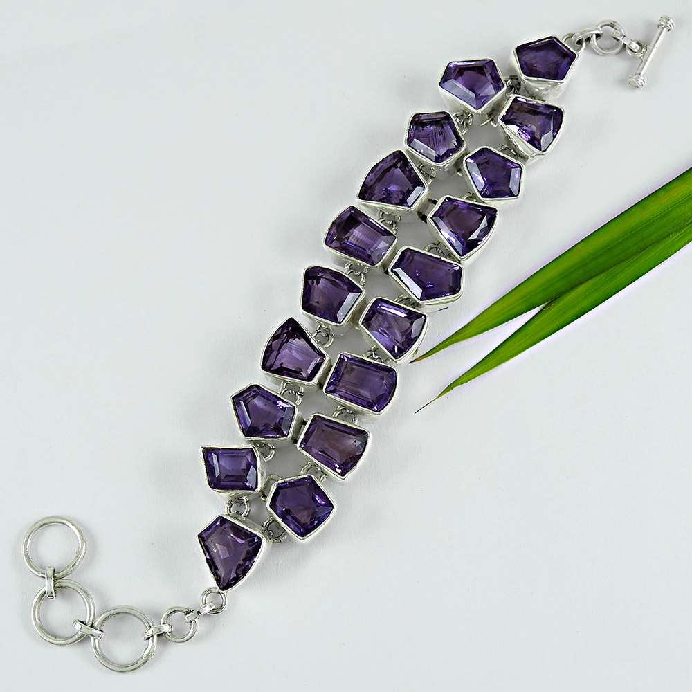 Natural Amethyst Gemstone 925 Sterling Silver Chain Bracelet For Girls A9