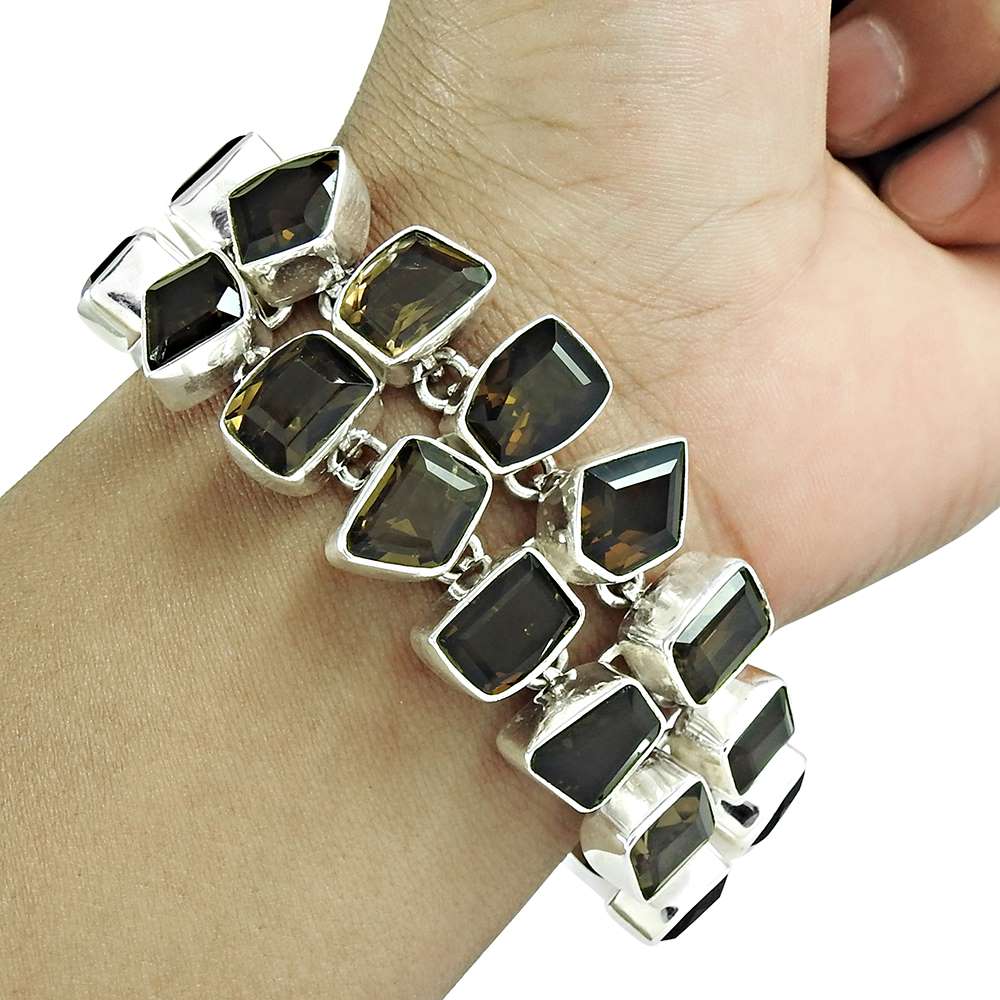 Natural Smoky Quartz Gemstone 925 Sterling Silver Chain Bracelet For Girls B9